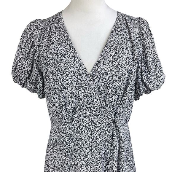 Madewell 6 Challis Button Wrap Mini Black Puff Short Sleeve Floral A-Line Dress - Picture 6 of 13